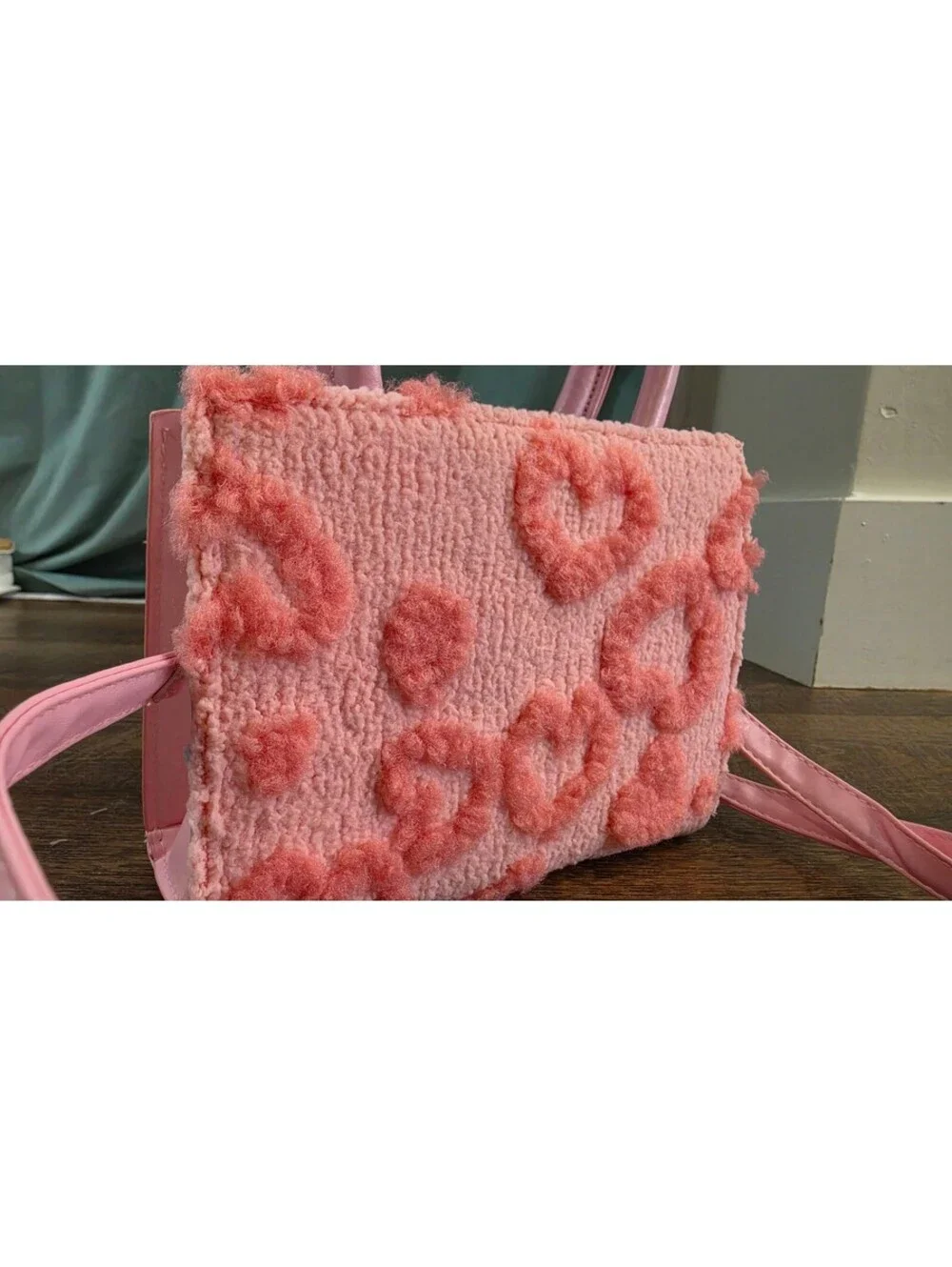 Pink Faux Shearling Heart Pattern Crossbody Bag with Top Handles
